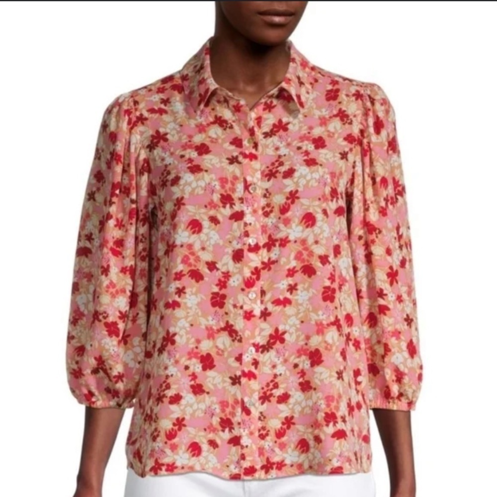 NANETTE LEPORE Romantic Summer Pink Burgundy Floral Button down Office Blouse L